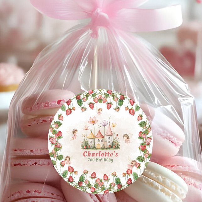 Strawberry enchanted fairy garden birthday  classic round sticker (Creator Uploaded)