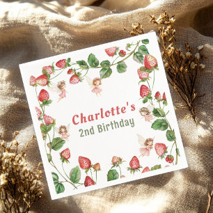 Strawberry enchanted fairy garden birthday napkin