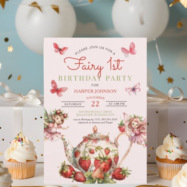 Strawberry Fairy 1st Teapot 1st Birthday Invitation (Creator Uploaded)