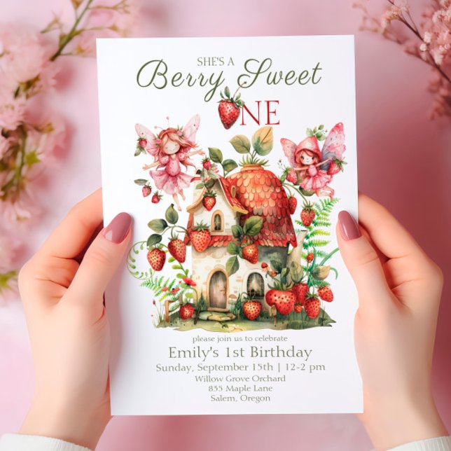 Strawberry Fairy Berry Sweet Girls First Birthday Invitation (Creator Uploaded)