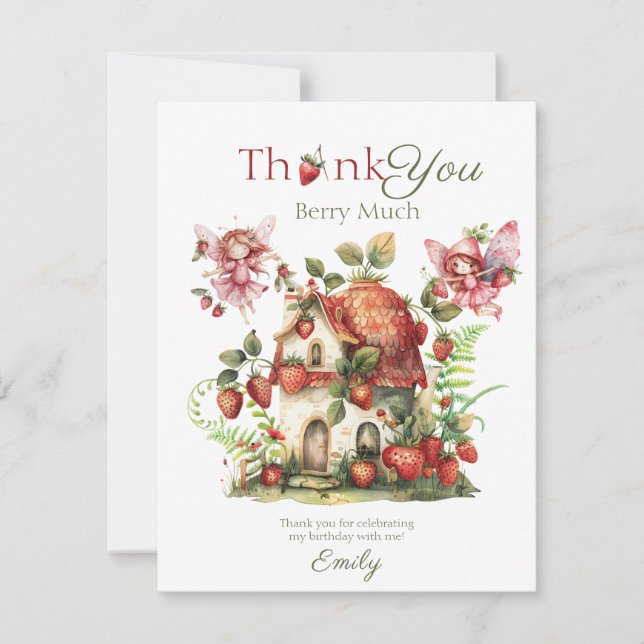 Strawberry Fairy Berry Sweet Girls First Birthday Thank You Card (Front)