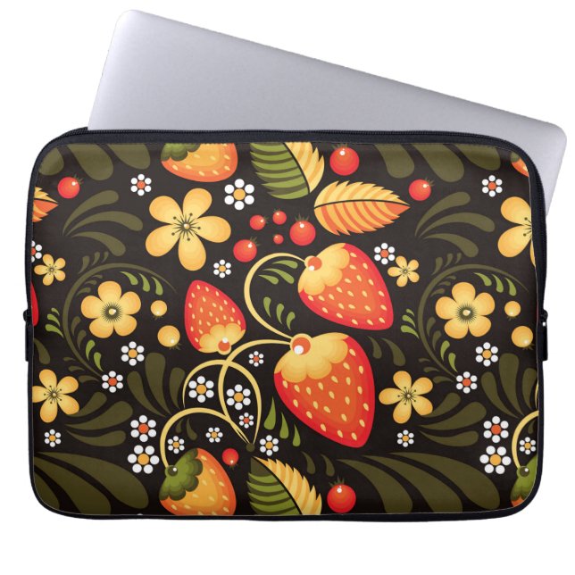 Strawberry Fields Khokhloma Floral Pattern Laptop Sleeve (Front)