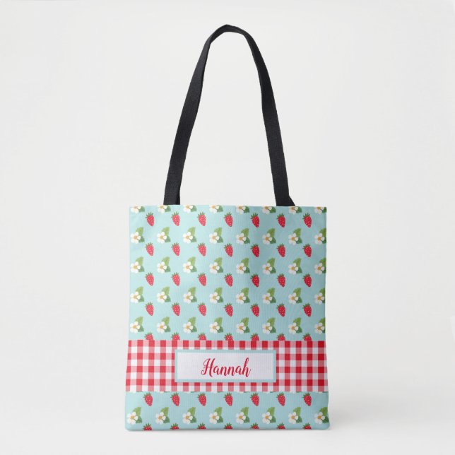 Strawberry Fields - Red Gingham Check Monogram Tote Bag (Front)