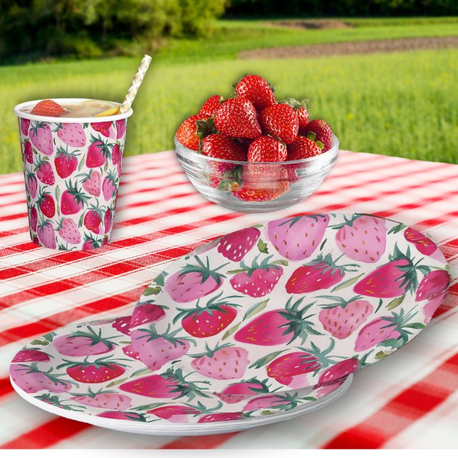 Strawberry fields summer time picnic pink paper plate (Creator Uploaded)