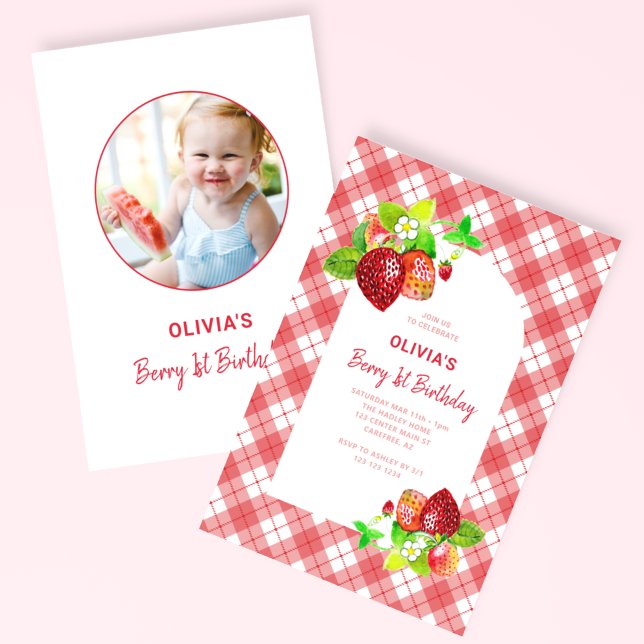  Strawberry First 1st Birthday Photo Invitation (Creator Uploaded)