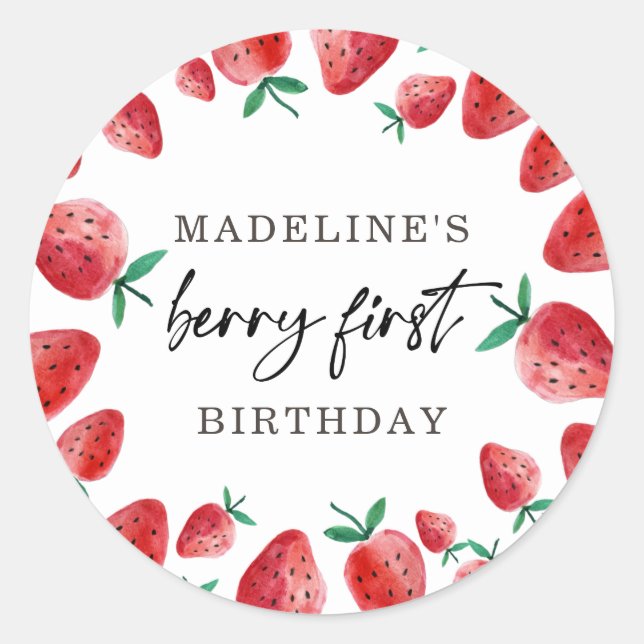 Strawberry First Birthday 1st Berry Sweet Favour C Classic Round Sticker (Front)