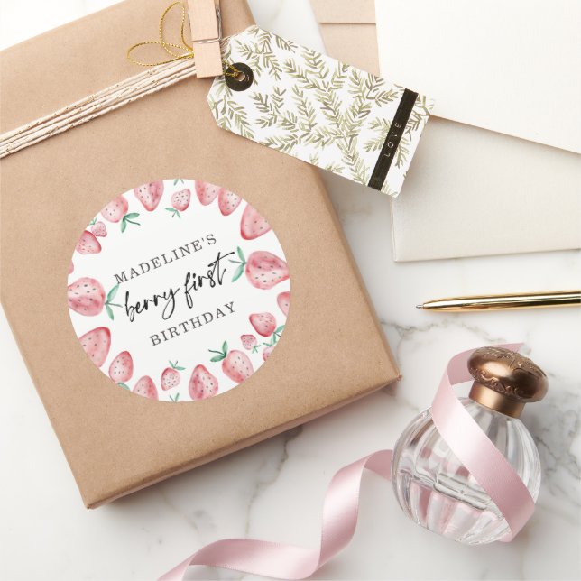 Strawberry First Birthday 1st Berry Sweet Favour C Classic Round Sticker (Gifting)