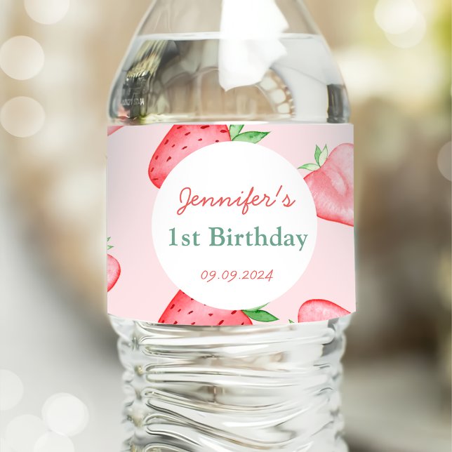 Strawberry First Birthday 1st Water Bottle Label (Creator Uploaded)