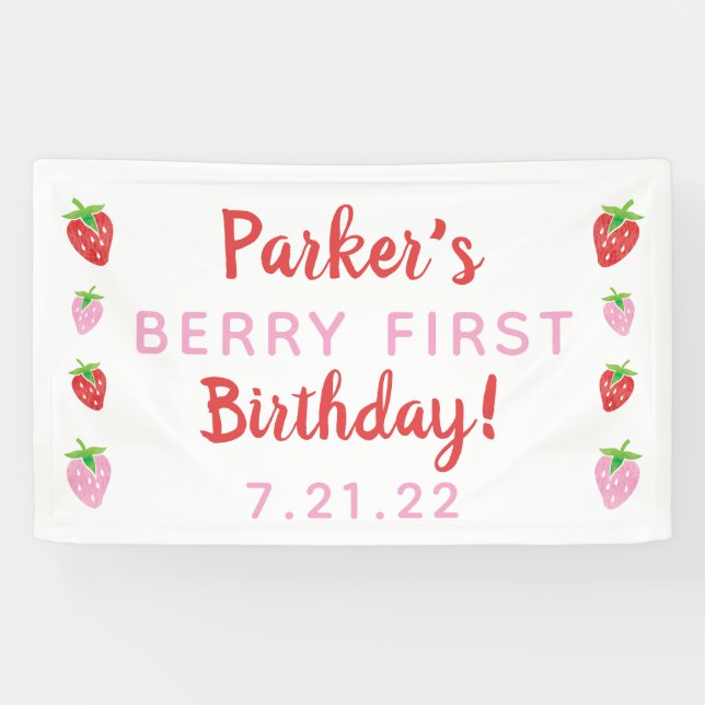 Strawberry First Birthday Banner Berry with date (Horizontal)