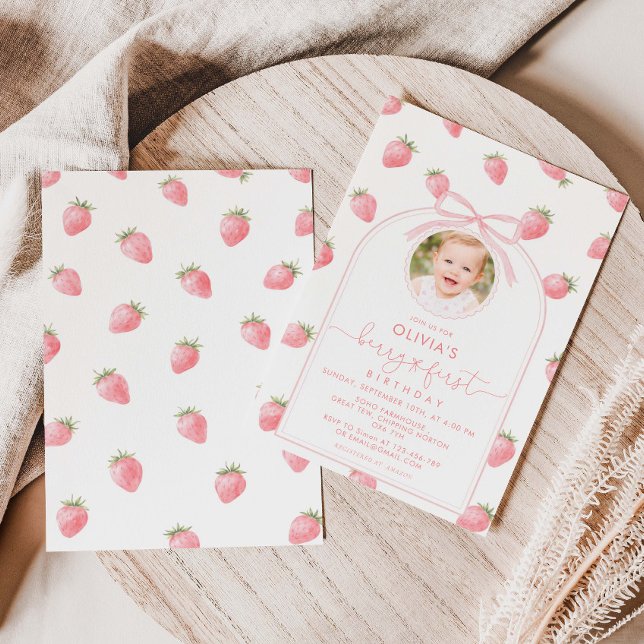 Strawberry First Birthday Berry Sweet Girl Invitation (Creator Uploaded)
