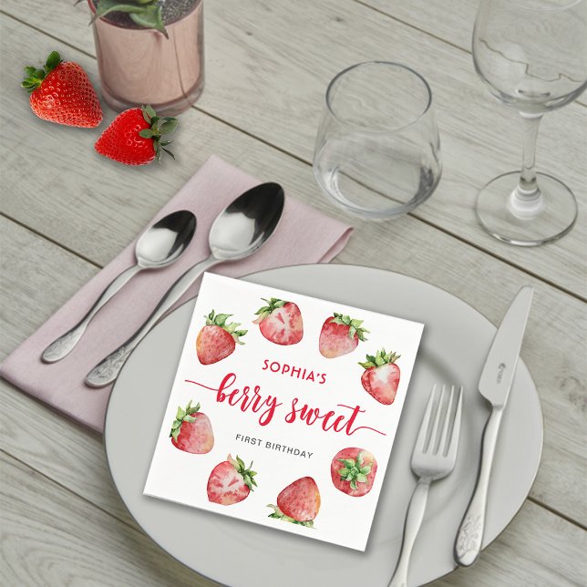 Strawberry First Birthday Berry Sweet Napkin (Creator Uploaded)