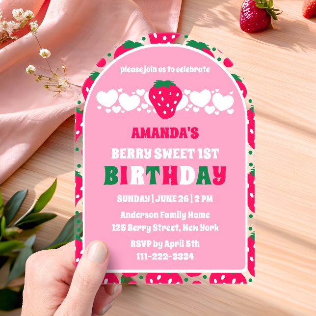 Strawberry First Birthday Celebration Arch Acrylic Invitations (Creator Uploaded)