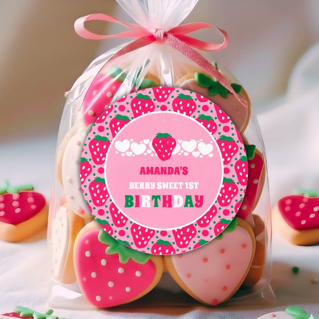 Strawberry First Birthday Celebration Classic Round Sticker (Creator Uploaded)