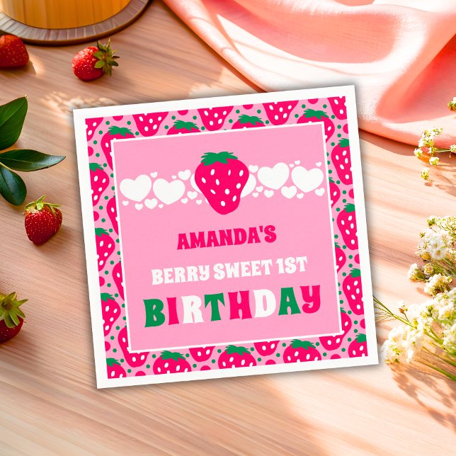 Strawberry First Birthday Celebration Napkin (Creator Uploaded)