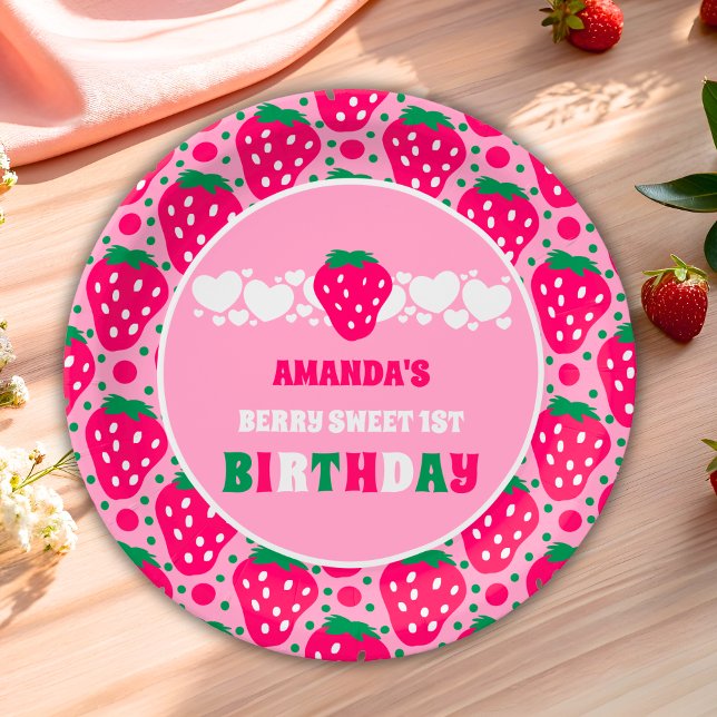 Strawberry First Birthday Celebration Paper Plate (Creator Uploaded)