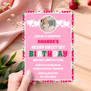 Strawberry First Birthday Celebration Photo Acrylic Invitations