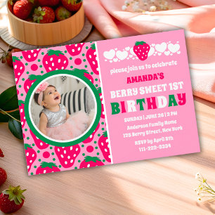 Strawberry First Birthday Celebration Photo Invitation