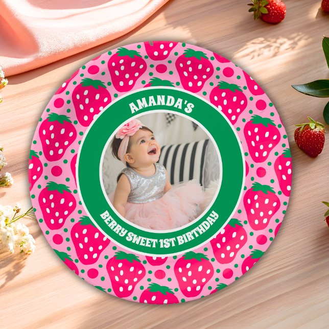 Strawberry First Birthday Celebration Photo Paper Plate (Creator Uploaded)