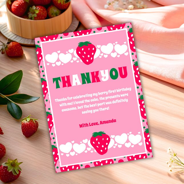 Strawberry First Birthday Celebration Thank You Card (Creator Uploaded)