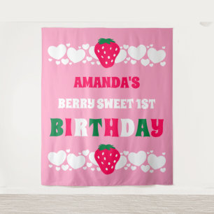 Strawberry First Birthday Fabric Banner Tapestry