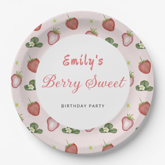 Strawberry First Birthday Girl Party Paper Plate (Front)