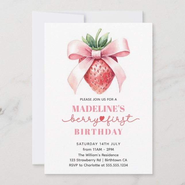Strawberry first birthday invitation (Front)
