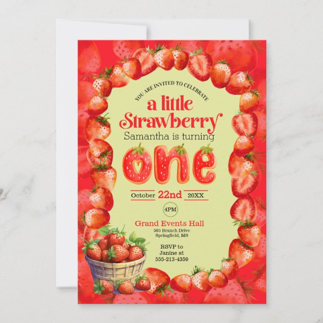 Strawberry first birthday invitation (Front)