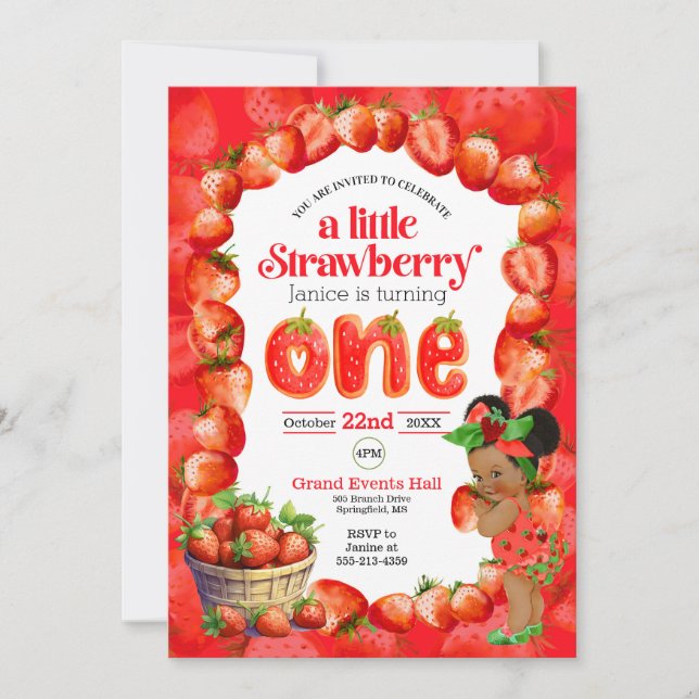 Strawberry first birthday invitation (Front)
