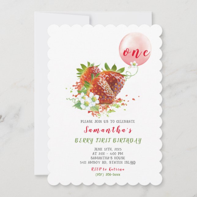 Strawberry First Birthday Invitation (Front)
