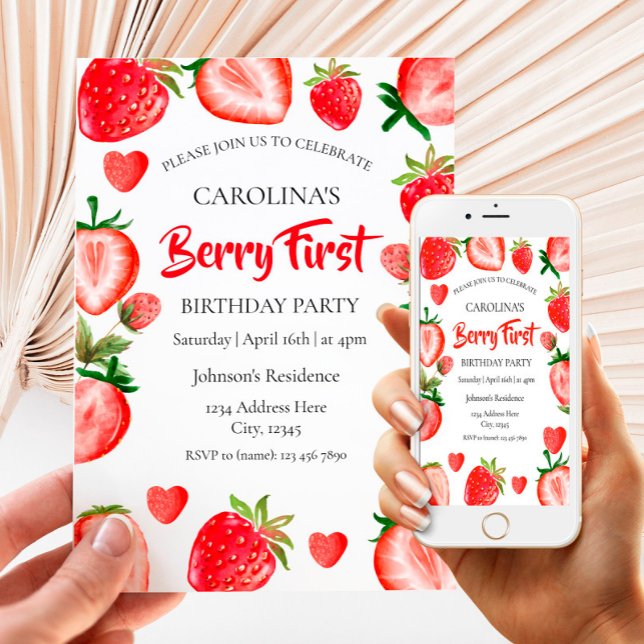 Strawberry First Birthday  Invitation (Creator Uploaded)