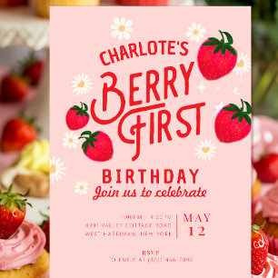 Strawberry First Birthday Invitation 