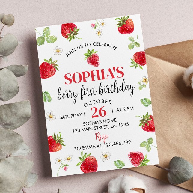 Strawberry First Birthday Invitation Berry Sweet (Creator Uploaded)