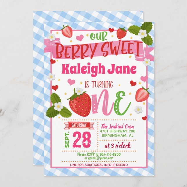 Strawberry First Birthday Invitation - Blue Plaid (Front/Back)