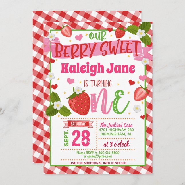 Strawberry First Birthday Invitation - ONE Gingham (Front/Back)