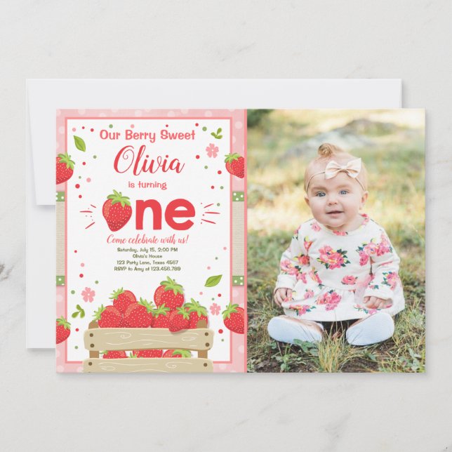 Strawberry First Birthday Invitation Summer Fruit (Front)