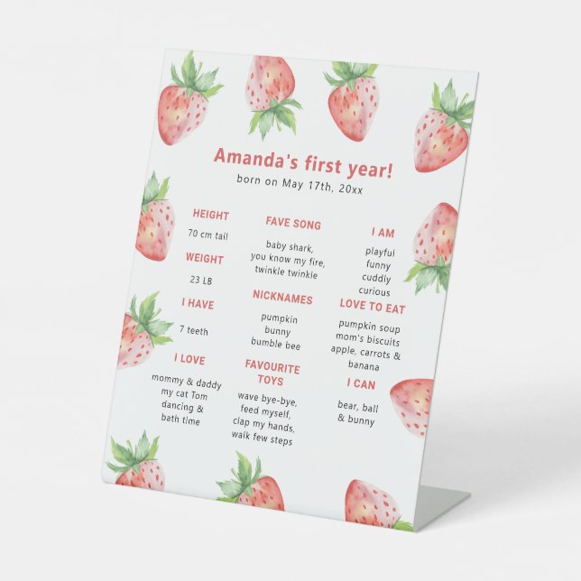 Strawberry First Birthday Milestone Birthday Pedestal Sign (Front)