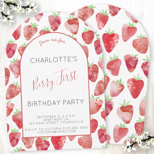 Strawberry First Birthday Party Arch Invitation (Modern strawberry watercolor berry first 1st arch shaped birthday party invitation with custom text)