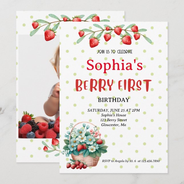 Strawberry First Birthday Party Berry 1st Photo In Invitation (Front/Back)
