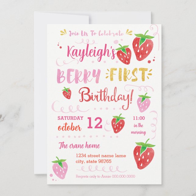 Strawberry First Birthday Party Berry Watercolor I Invitation (Front)