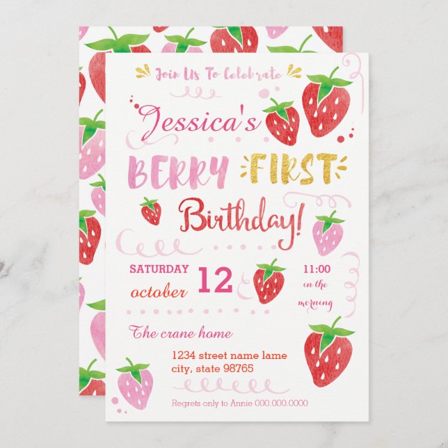 Strawberry First Birthday Party Berry Watercolor Invitation (Front/Back)