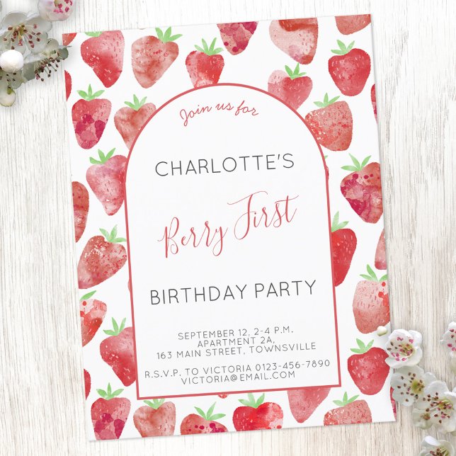Strawberry First Birthday Party Invitation Postcard (Creator Uploaded)