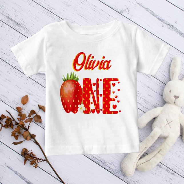 Strawberry first birthday personalised name baby T-Shirt (Creator Uploaded)