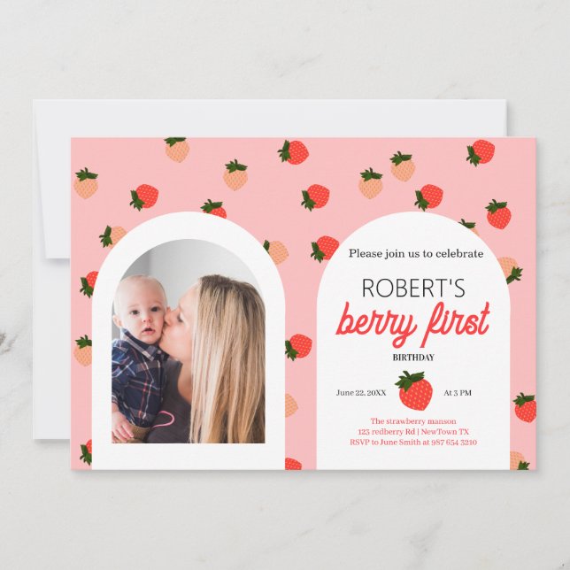 Strawberry first birthday personalised photo invitation (Front)