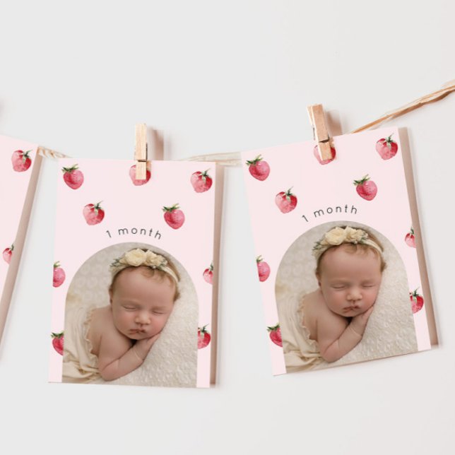 Strawberry first birthday photo milestone banner invitation (Creator Uploaded)