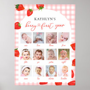 Strawberry First Birthday Pink Milestone 12 Photo Poster