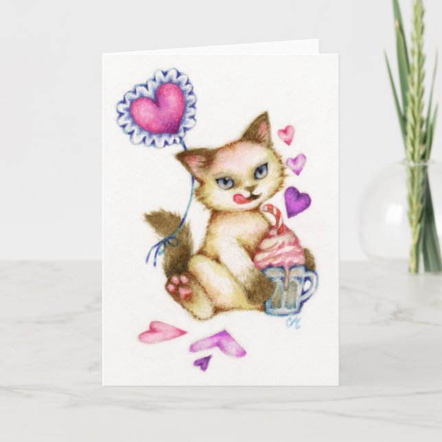 Strawberry Float - Siamese Valentine Cat Art Card (Front)