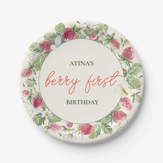 Strawberry Floral Girl Berry First Birthday Paper Plate (Front)