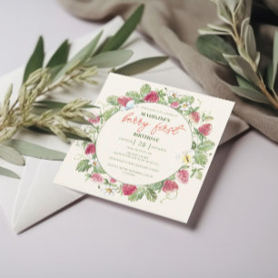 Strawberry Floral Photo Girl Berry First Birthday Invitation