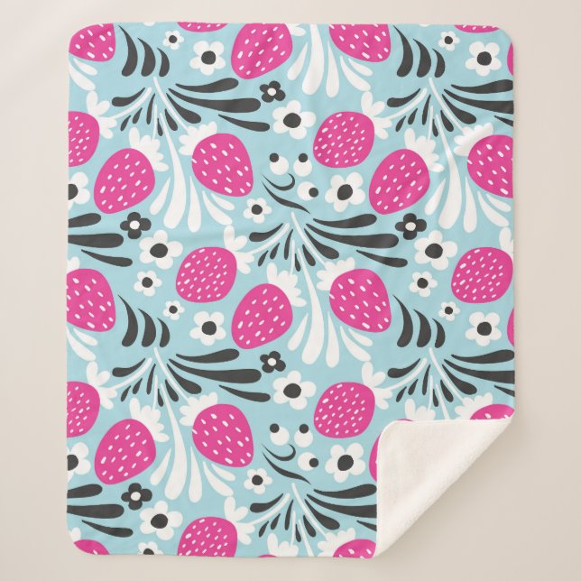 Strawberry Floral: Pink Berry Seamless. Sherpa Blanket (Front)