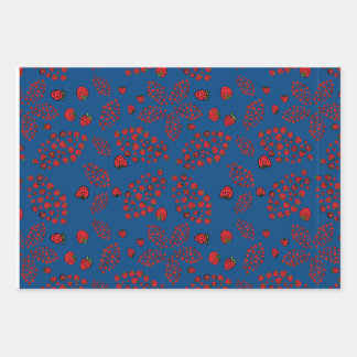 strawberry flowers on blue wrapping paper sheet